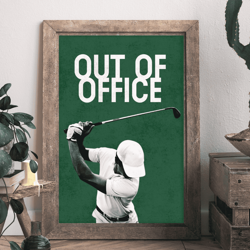 Framed poster with a golfer and 'Out of Office' text on a green background, placed in a room golf gifts for women