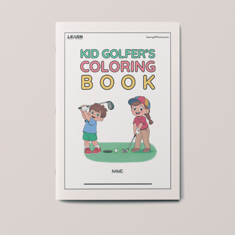 Coloring book cover for 'Kid Golfer's Coloring Book' with cartoon characters playing golf on a light gray background golf terms golf gift for daughter