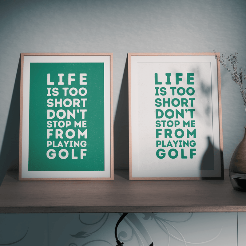 Two framed prints with motivational golf quote on a shelf against a gray wall  golf gift for husband