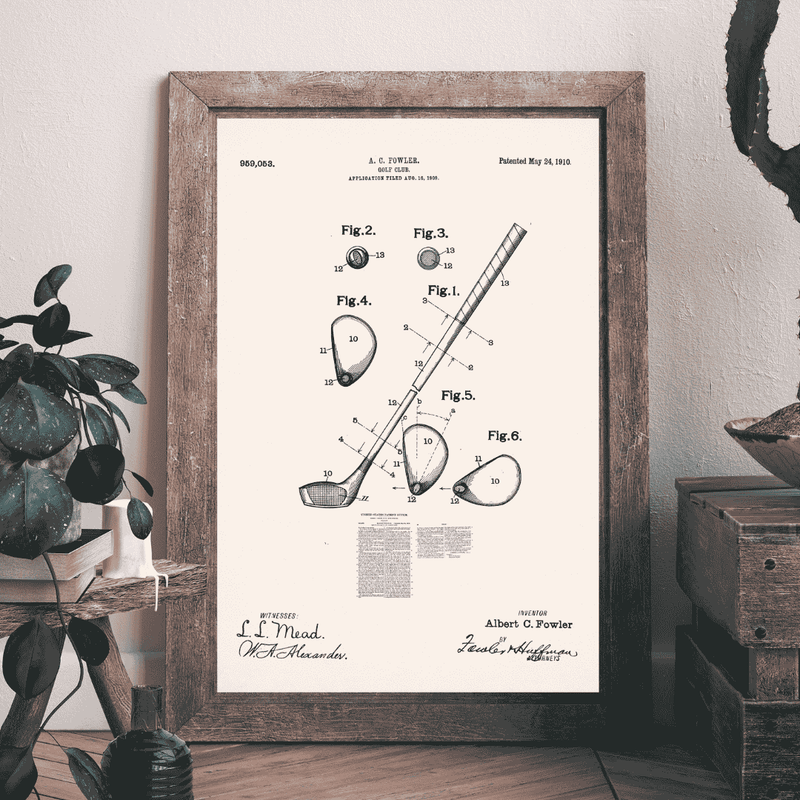 Framed golf club patent print on a wall with decorative elements golf gift for boyfriend